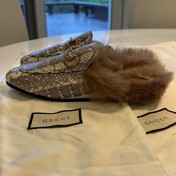 GUCCI Python Snakeskin & Lamb Wool Fur Slip on Princetown - Picture 7 of 13